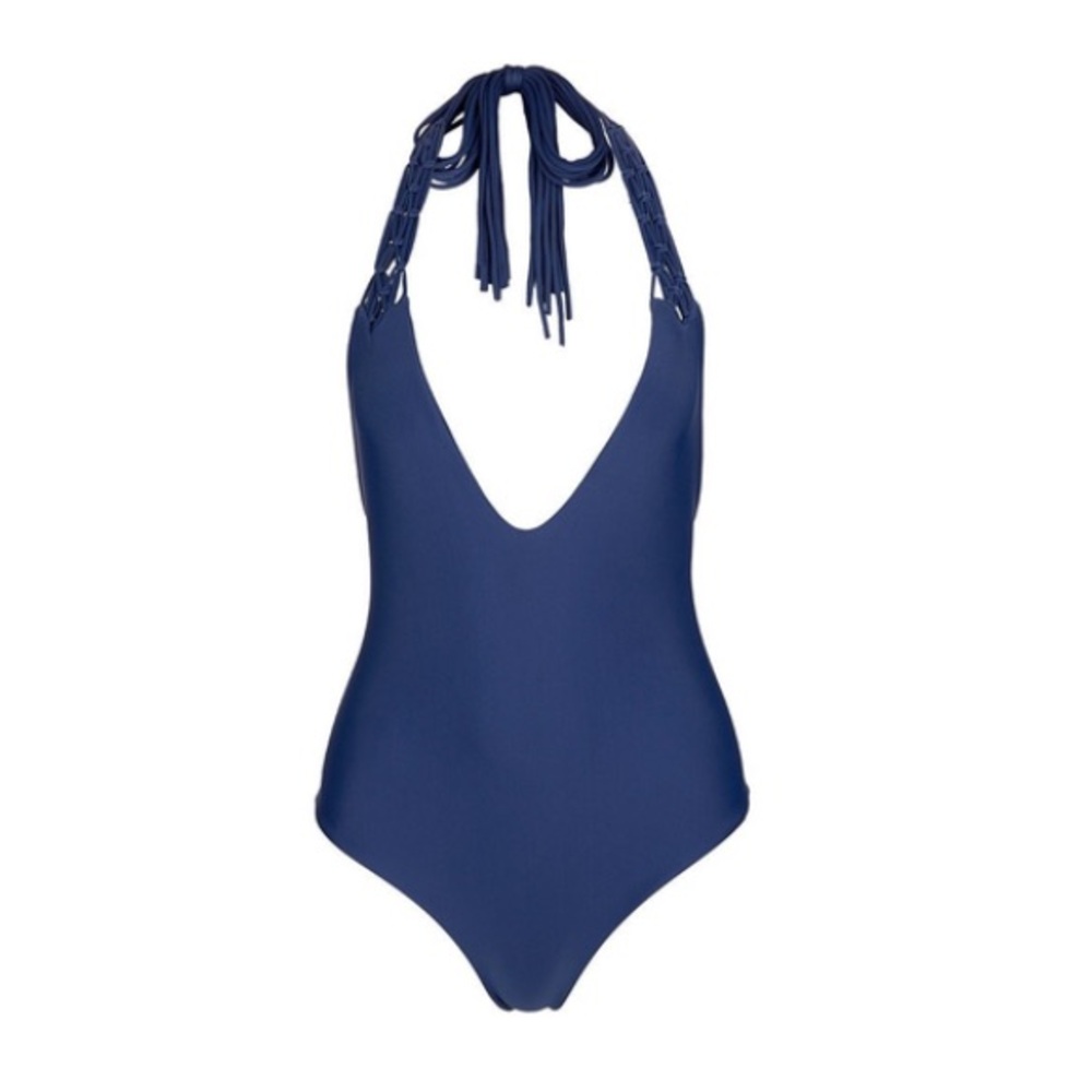 MIKOH Mediterranean FullerCoverage Macrame Detail V-Cut Halter Coastal Blue NWT